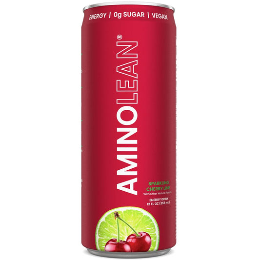 Aminolean Energy Drink – Sugar Free Amino Energy With Natural Caffeine & Vegan Amino Acids For No Jitters, Tingles, Or Crash, Cherry Lime, 12 Pack