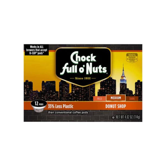 Chock Full o’Nuts Donut Shop, Medium Roast K-Cups – Compatible with Keurig Pods K-Cup Brewers (6 Packs of 12 Single-Serve Cups)
