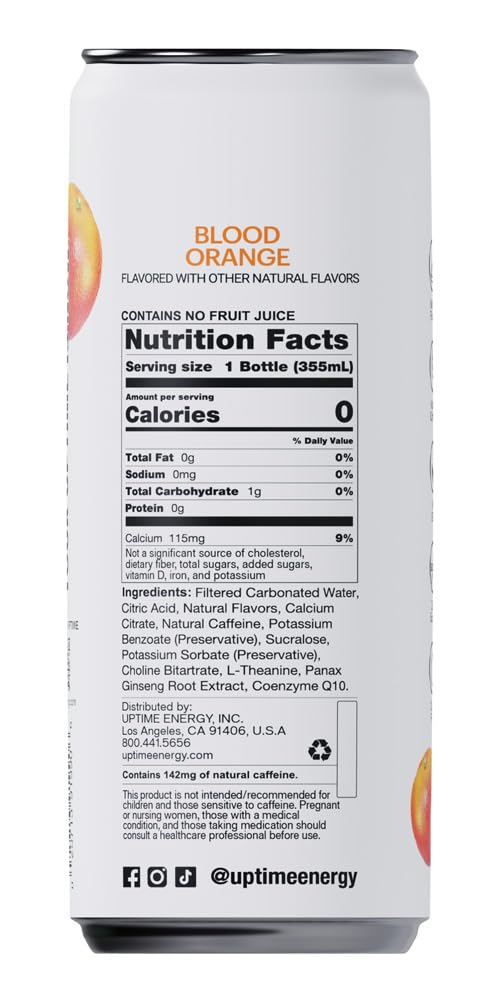 Uptime Energy Drink, Blood Orange Sparkling, 12 Pack, Vitamin C, L Theanine, Calcium, Sugar Free Energy Drinks For Focus Support, 142Mg Of Natural Caffeine, 0 Calories, Clean, Natural, 12 Fl Oz Cans