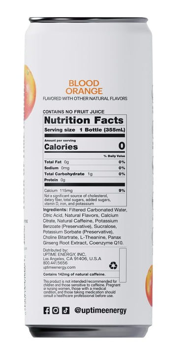 Uptime Energy Drink, Blood Orange Sparkling, 12 Pack, Vitamin C, L Theanine, Calcium, Sugar Free Energy Drinks For Focus Support, 142Mg Of Natural Caffeine, 0 Calories, Clean, Natural, 12 Fl Oz Cans