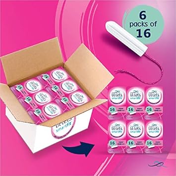 Lil-Lets Non-Applicator Super Tampons X 96, (6 Packs of 16 Tampons), for Medium to Heavy Flow, 3 Droplets, Plant-Based, SmartFit™ Non-App Tampon