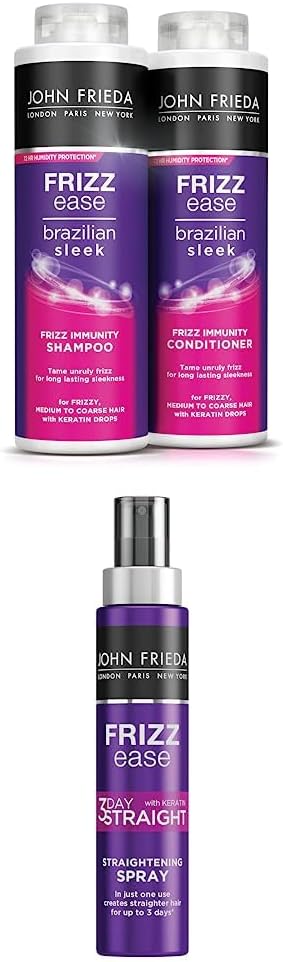 John Frieda Frizz Ease Brazilian Sleek Frizz Immunity Smoothing Shampoo & Conditioner & 3 Day Straight Straightening Spray: 2X500Ml, 1X100Ml