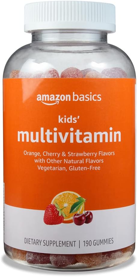 Amazon Basics Kids' Multivitamin Gummies, Orange, Cherry & Strawberry, 190 Count (Previously Solimo)