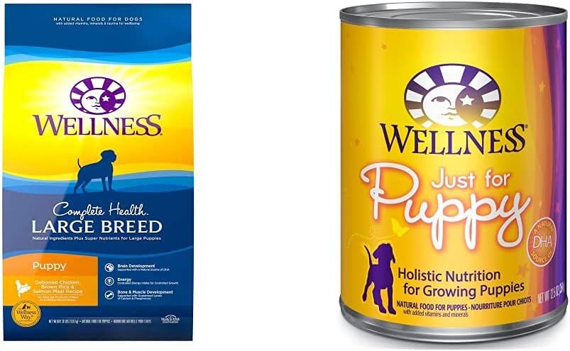 Wellness Complete Health Large Breed Dry Puppy Food, Chicken, Brown Rice & Salmon Meal, 5 Pound Bag Wet Puppy Food, Chicken & Salmon, 12 Cans, 12.5 Ounce Can