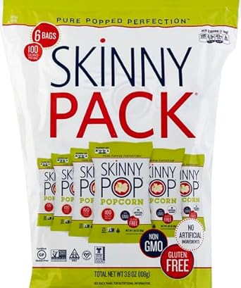 Skinnypop Popcorn, Gluten Free, Dairy Free, Non-Gmo, Healthy Snacks, Skinny Pop Original Popcorn Snack Packs, 0.65Oz Individual Size Snack Bags (6 Count) (Packaging May Vary)