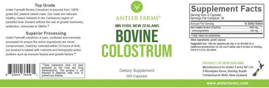 Antler Farms 100% Pure New Zealand Bovine Colostrum, 220 Capsules, 500mg - Grass Fed, Pasture Raised, Clean Sourced, Cold Processed, Undiluted, High IgG Content