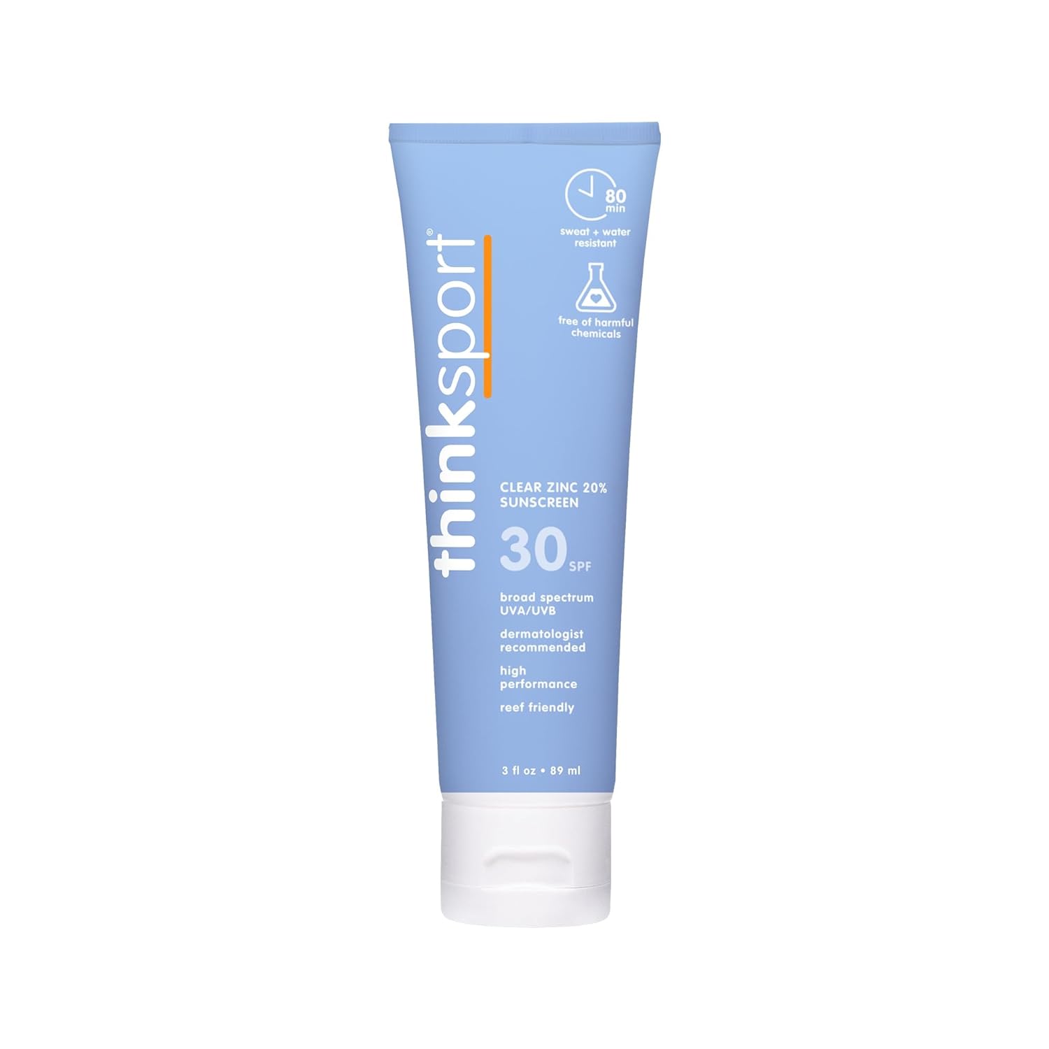 Thinksport Mineral Sunscreen, SPF 30 Clear Zinc Oxide Sunscreen, 3 Fl Oz, Water Resistant Reef Safe Sunscreen, Vegan Broad Spectrum UVA/UVB Sun Screen