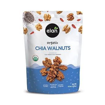 Elan Organic Chia Walnuts, Non-GMO, Gluten-Free, Vegan, Kosher, Healthy Snacks, Glazed Nuts with Chia Seeds, Goji Berry Powder & Himalayan Pink Salt, Superfood Infused Nuts, 8 pack of 4.5 oz