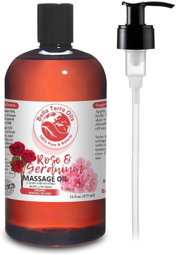 Rose and Geranium Massage Oil without Mineral Oil. 16 oz. Full Body Massage Therapy. Soothes Body and Mind. Made with Olive Oil, Sesame Oil, Sunflower Oil, Aloe Vera, Geranium Oil, Rose Oil