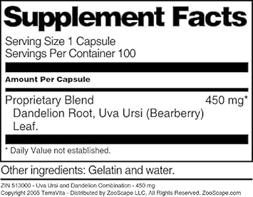 Uva Ursi and Dandelion Combination - 450 mg (100 Capsules, ZIN: 513000)