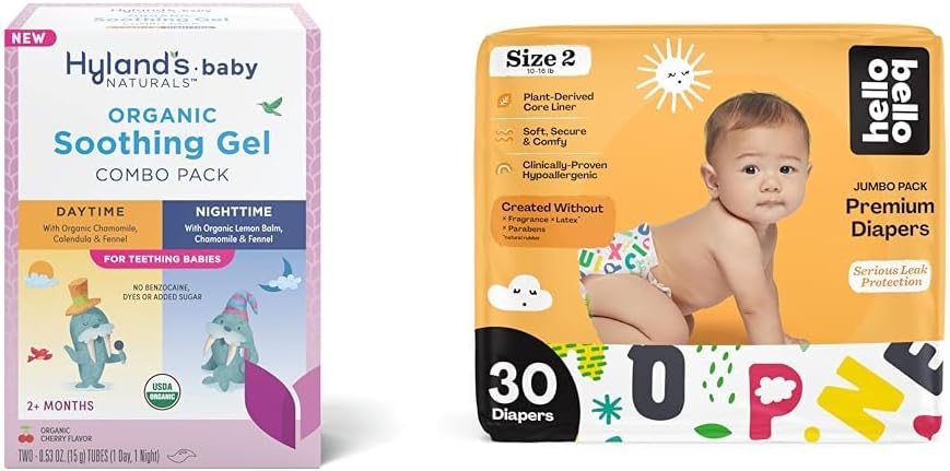 Hyland's Baby - Organic Day/Night Soothing Gel Combo Pack, Natural Relief of Oral Discomfort (2 Tubes of 0.53 oz.) + Hello Bello Premium Baby Diapers Size 2, 30 Count : Baby