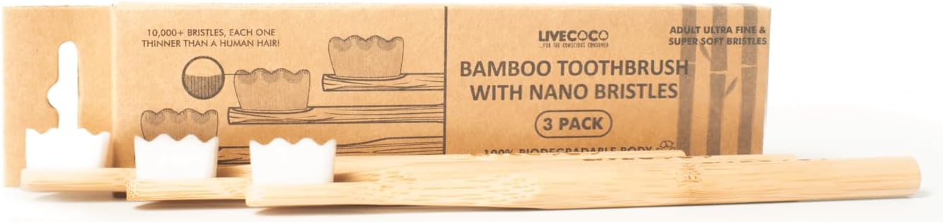 Livecoco Bamboo Toothbrushes, Nano Bristles (Adult), Super Soft Bristles (10,000+ Bristles), Recyclable & Biodegradable Body