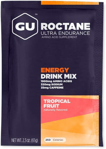 Gu Energy Roctane Ultra Endurance Energy Drink Mix, Vegan, Gluten-Free, Kosher, 35Mg Of Caffeine, And Dairy-Free N-The-Go Energy For Any Workout, 10 Single-Serving Packets, Tropical Fruit