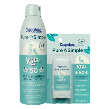 Coppertone Pure & Simple Kids Sunscreen SPF 50 Multi Pack, Kids Zinc Oxide Mineral Sunscreen Spray & Kids Sunscreen Stick, Sunscreen for Face, (5 oz +.49 oz Bundle)