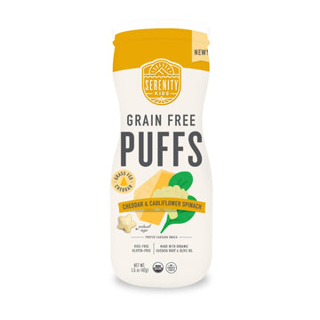Serenity Kids 6+ Months Grain Free Puffs Toddler & Baby Snack | No Added Sugar, Gluten & Rice Free, Allergen Free | Made with Organic Cassava, Veggies, & Herbs | White Cheddar & Cauliflower | 1 Count
