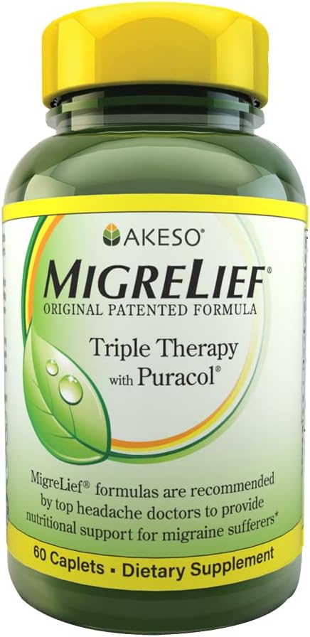 Migrelief Original Triple Therapy With Puracol - Nutritional Support For Migraine Sufferers - 60 Caplets/1 Month Supply