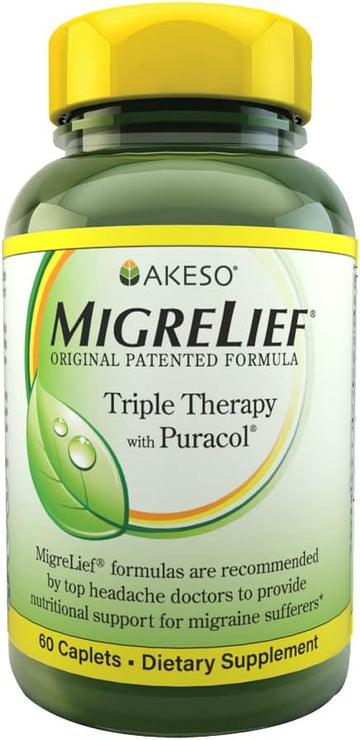 Migrelief Original Triple Therapy With Puracol - Nutritional Support For Migraine Sufferers - 60 Caplets/1 Month Supply