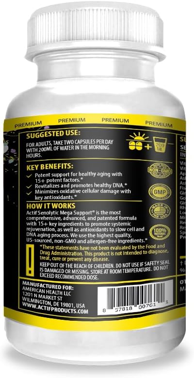 Actif Senolytic Support With 15+ Advanced Factors – Non-Gmo, Fast-Acting, Made In Usa, 60 Count