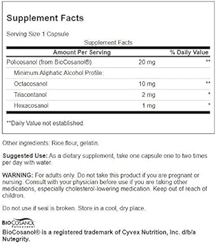 Swanson Policosanol - Supplement Helps Support Cardiovascular Health - All Natural Formula Aids Good Heart Health & Function - Helps Maintain Healthy Cholesterol Levels (60 Capsules, 20mg Each)