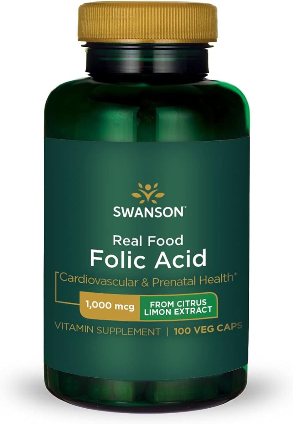 Swanson Real Food Folic Acid Folate Vitamin B-9 Cardiovascular Prenatal Health From Citrus Limon Extract Vegan Gluten-Free Non-Gmo B9 1000 Mcg 100 Veggie Capsules