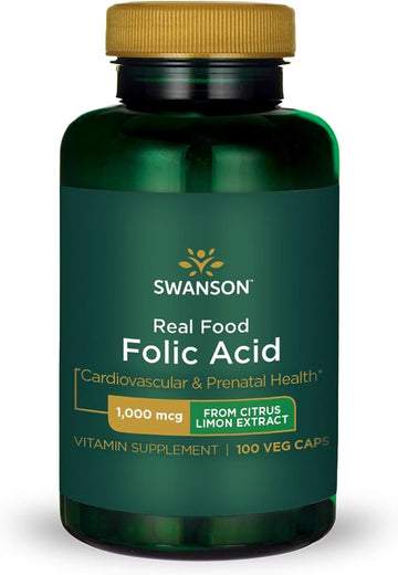 Swanson Real Food Folic Acid Folate Vitamin B-9 Cardiovascular Prenatal Health From Citrus Limon Extract Vegan Gluten-Free Non-Gmo B9 1000 Mcg 100 Veggie Capsules