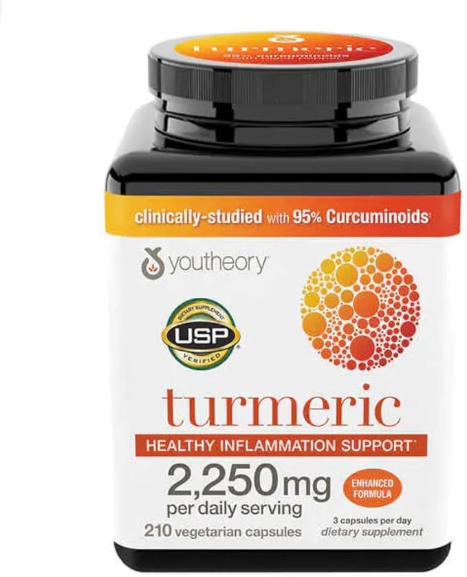 Youtheory Turmeric Curcumin Supplement with Black Pepper BioPerine, Powerful Antioxidant Properties for Joint & Healthy Inflammation Support 2250 MG 210 Capsules