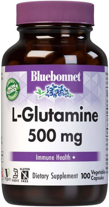 Bluebonnet Nutrition L-Glutamine 500Mg, Supports Immune Function*, Nitrogen Transporter*, Soy-Free, Gluten-Free, Non-Gmo, Kosher Certified, Vegan, 100 Vegetable Capsules, 100 Servings