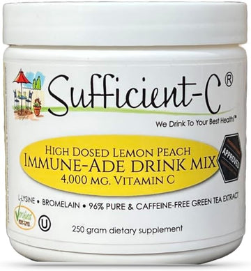 Sufficient-C High-Dosed 4000 mg. Vitamin C Lemon Peach Immune-Ade Drink Mix 250 gram Size - Refreshing with Generously Dosed L-lysine, Bromelain & 96% Pure, Caffeine-Free Green Tea Extract