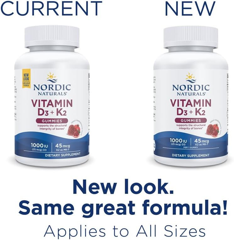 Nordic Naturals Vitamin D3 + K2 Gummies, Pomegranate - 60 Gummies - 1000 IU Vitamin D3 + 45 mcg Vitamin K2 - Great Taste - Bone Health, Promotes Healthy Muscle Function - Non-GMO - 60 Servings : Health & Household