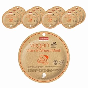 Purederm Vegan Vitamin Sheet Masks (12 Packs) – Facial Sheet Mask For Brightening & Radiance Treatment