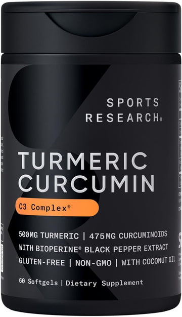 Sports Research Turmeric Curcumin C3 Complex - Softgels With Bioperine Black Pepper Extract & Organic Coconut Oil, Standardized 95% Curcuminoids - Non-Gmo Verified & Gluten Free - 500Mg, 60 Count