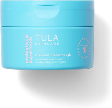 Tula Skin Care Breakout Breakthrough - Acne Maximum Strength Biodegradable Toner Pads, Non-Alcohol, Acne & Blemish Fighting, Soothes & Brightens Marks, 30 Pads