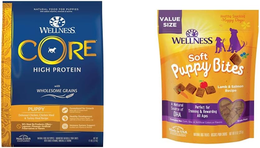 Wellness CORE Wholesome Grains Puppy Recipe, 12 lbs Soft Puppy Bites, Lamb and Salmon, 8 oz Bag : Pet Supplies