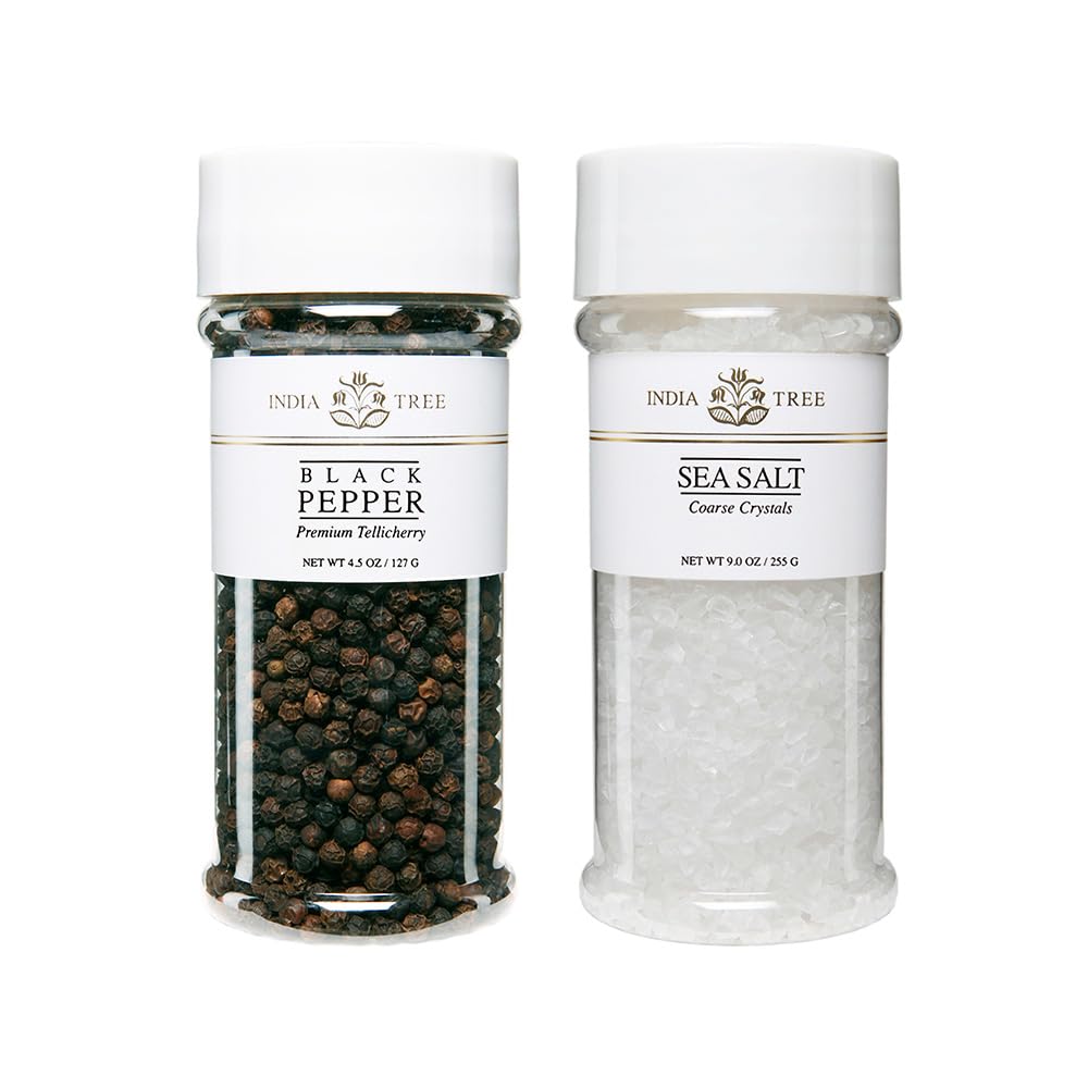 India Tree Tellicherry & Salt Jar Gift Pack - Premium Black Pepper And Sea Salt Crystals - 13.5 Ounces Total