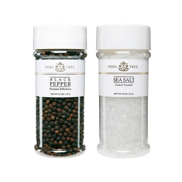 India Tree Tellicherry & Salt Jar Gift Pack - Premium Black Pepper And Sea Salt Crystals - 13.5 Ounces Total