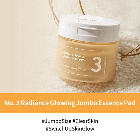 Numbuzin No.3 Radiance Glowing Jumbo Essence Pad | Vegan Pad, Unbleached, Biodegradable, Niacinamide, Clear Glass Skin, Korean Skin Care For Face | 70 Pads/5.07 Fl Oz