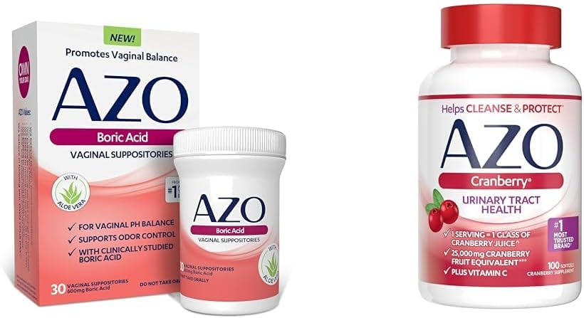 Azo Boric Acid Vaginal Suppositories, Helps Support Odor Control And Balance Vaginal Ph & Cranberry Urinary Tract Health Supplement, 1 Serving = 1 Glass Of Cranberry Juice