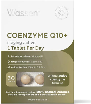 Wassen Coenzyme Q10 Supplements |30 Coenzyme Q10 Tablets | Active Coenzyme Q10 Formula |High In Zinc | Vitamins B1 & B2 For Energy Release & Fatigue Reduction | Heart Health Supplements | Q10 Coenzyme