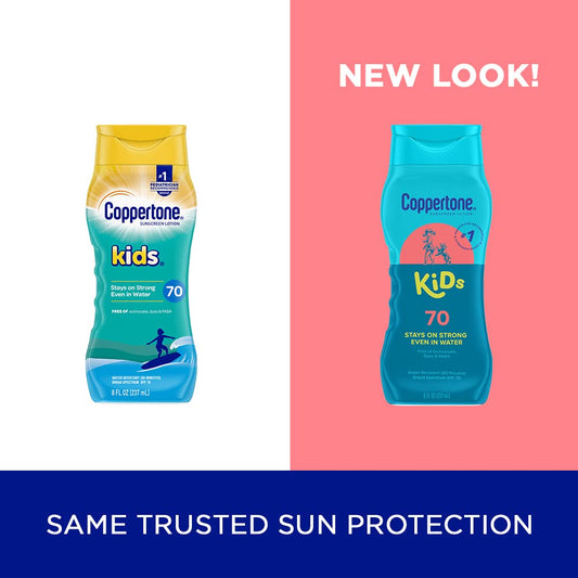 Coppertone SPF 70 Sunscreen Lotion for Kids, #1 Pediatrician Recommended Brand, Water Resistant, 8 Fl Oz Bottle