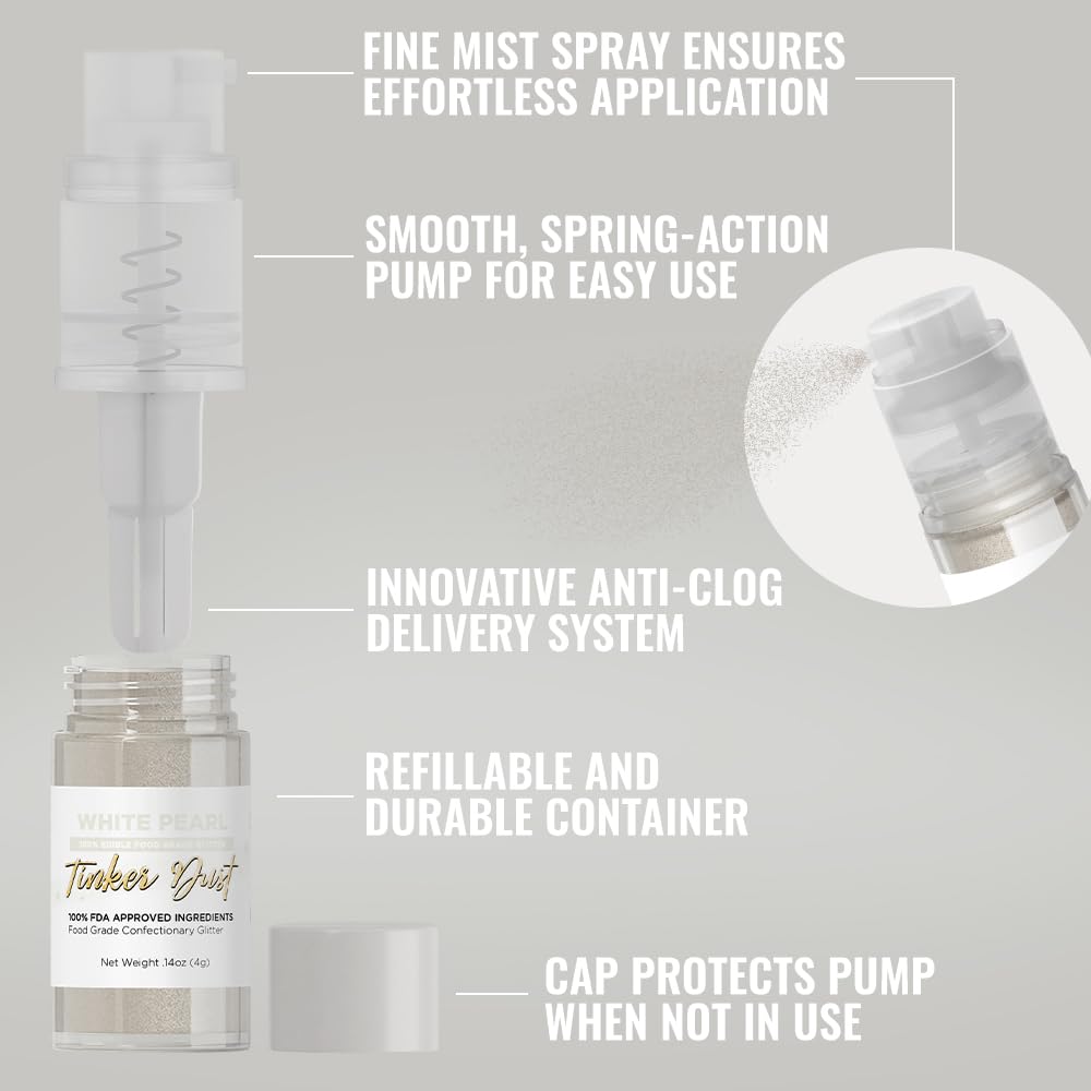 Bakell - White Tinker Dust (4G, 1X Mini Spray Pump) Edible Glitter For Food, Desserts, And Beverages! : Grocery & Gourmet Food