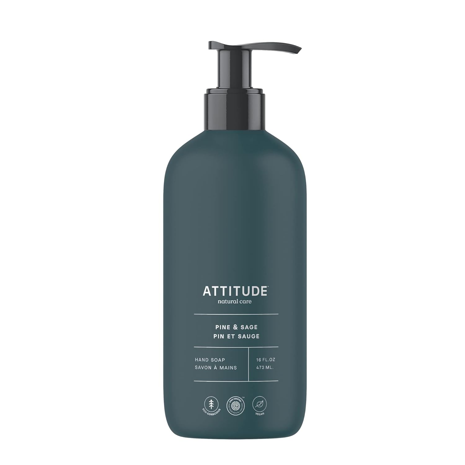 ATTITUDE Liquid Hand Soap, EWG Verified, Plant and Mineral-Based, Vegan Personal Care Products, Pine & Sage, 16 Fl Oz