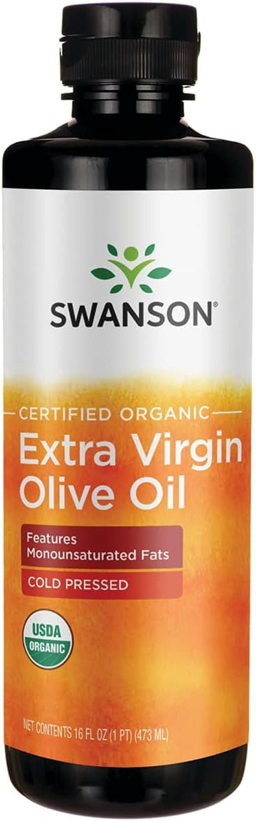 Swanson Certified 100% Organic Extra Virgin Olive Oil Cold Pressed 16 Fl Ounce (1 Pt) (473 Ml) Liquid