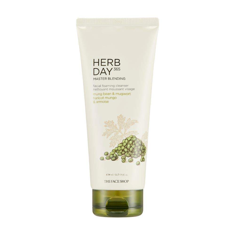 The Face Shop Herb Day 365 Master Blending Cleansing Foam Mung Bean & Mugwart Face Wash - Protein & Essential Minerals Enriched - Hydrating & Smoothing - Gentle Facial Cleanser - Korean Skin Care