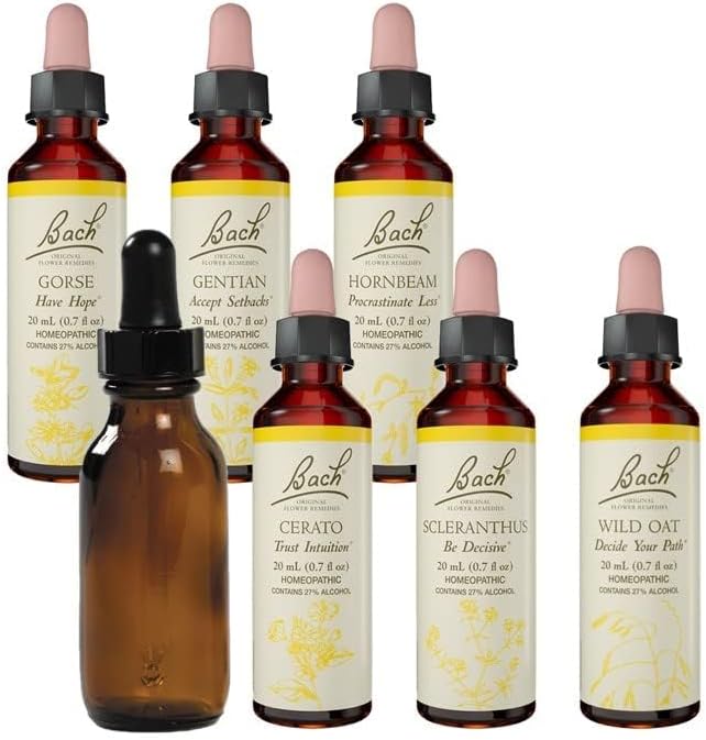 Bach Original Flower Remedies 6-Pack, Know Your Own Mind" Essence Grouping - Hornbeam, Gorse, Gentian, Scleranthus, Wild Oat, Cerato, Plus Mixing Bottle, 20mL Dropper x6, Empty Mixing Bottle x1