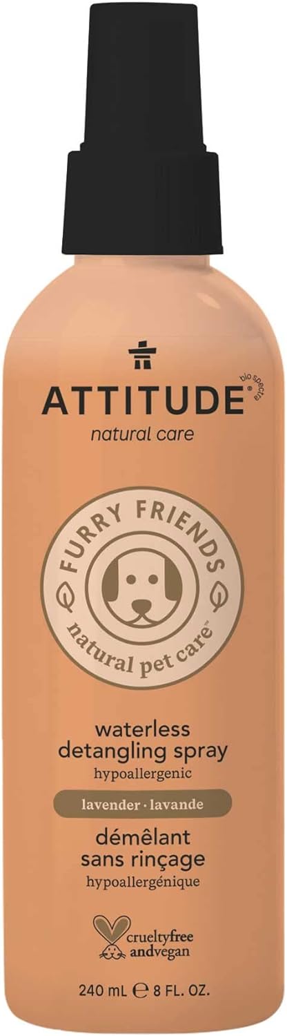 ATTITUDE Waterless Anti-Itching Detangling Spray for Pets, Plant and Mineral-Based Ingredients, Vegan and Cruelty-Free Animal Grooming Products, Lavender, 8 Fl Oz
