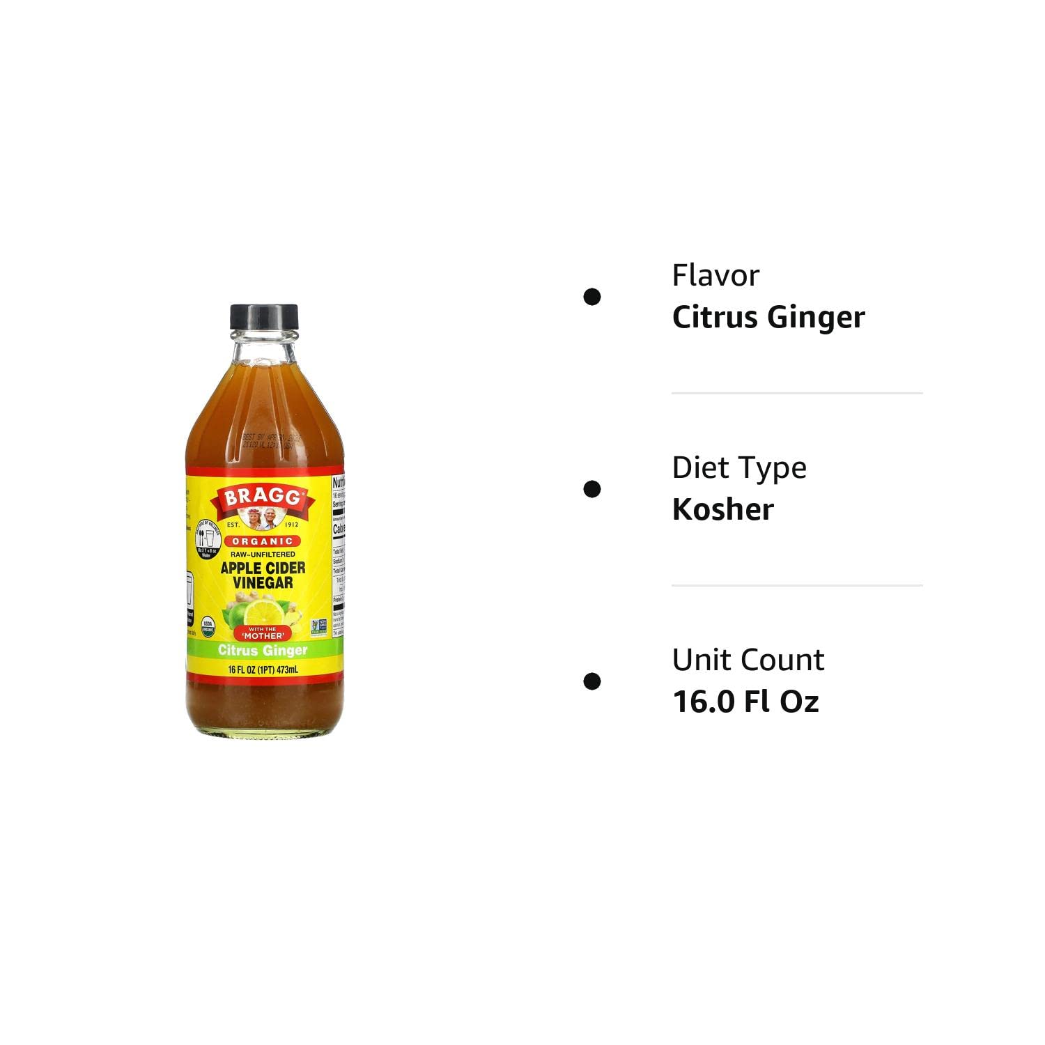 Bragg Organic Apple Cider Vinegar Blends 16oz, with Citrus Ginger : Grocery & Gourmet Food