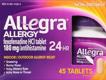 Allegra Adult 24Hr Non-Drowsy Antihistamine, 45 Tablets, Fast-Acting Allergy Symptom Relief, 180 Mg