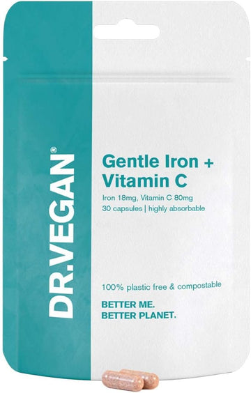 Daily Gentle Iron & Vitamin C | Healthy Immune System And Energy | 30 Vegan Capsules | One-A-Day | Dr.Vegan