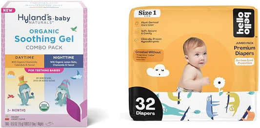 Hyland's Baby - Organic Day/Night Soothing Gel Combo Pack, Natural Relief of Oral Discomfort (2 Tubes of 0.53 oz.) + Hello Bello Premium Baby Diapers Size 1, 32 Count : Baby