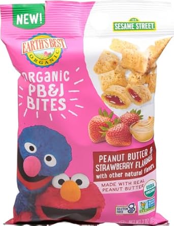 Earth'S Best Organic Kids Snacks, Sesame Street Toddler Snacks, Organic Pb&J Bites For Toddlers 2 Years And Older, Peanut Butter And Strawberry Flavored With Other Natural Flavors, 3Oz Bag (Pack Of 6)